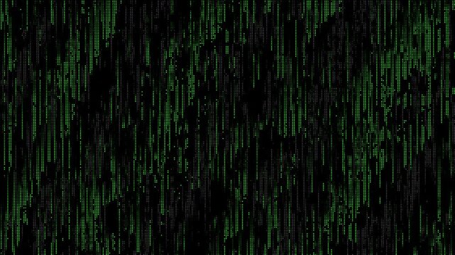 Green matrix abstract dots raining binary code without symbols and characters. Black background. Abstract halftone loop animation
