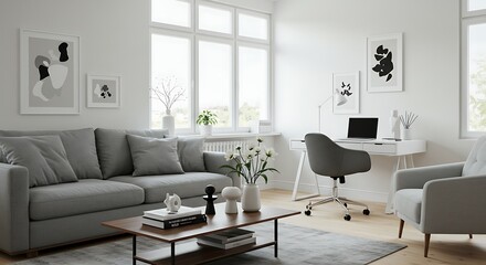 Modern Minimalist Living Room with Home Office Space