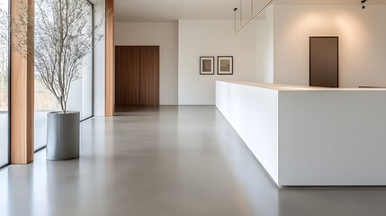 Modern minimalist office interior design with polished concrete floor and white reception desk
