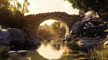 Fototapeta premium A scenic stone bridge arching over a still, clear stream, its aged stones glowing softly under the golden light of a peaceful afternoon 