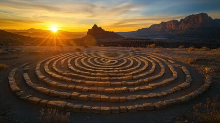 Sunset Spiral Stone Maze Desert Landscape