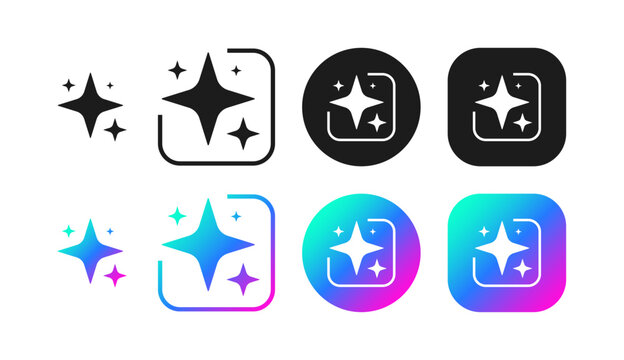 Artificial intelligence application logo, ai stars colorful and flat black icon set. Vector illustration