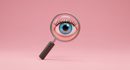A stylized blue eye magnified by a magnifying glass on a plain pink background. 3D rendering of an eye with exaggerated features, examined by a magnifying glass, isolated on a soft pink background.