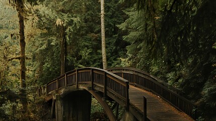 A scenic wooden bridge nestled in a forest clearing, its simplicity blending with the vibrant greenery and the earthy tones of the woods.  