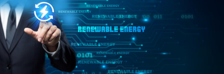Businessman interacts with renewable energy icon in a digital, futuristic environment, symbolizing sustainable power technology and clean energy solutions for the future...