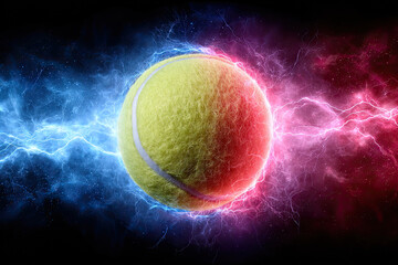 Floating tennis ball surrounded by fiery red and cool blue light