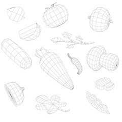 A drawing of various vegetables and fruits, including carrots, peppers, and apples. The drawing is in black and white and has a simple, clean style