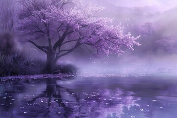 Purple blossoms frame a tranquil lakeside scene in a surreal dreamy atmosphere