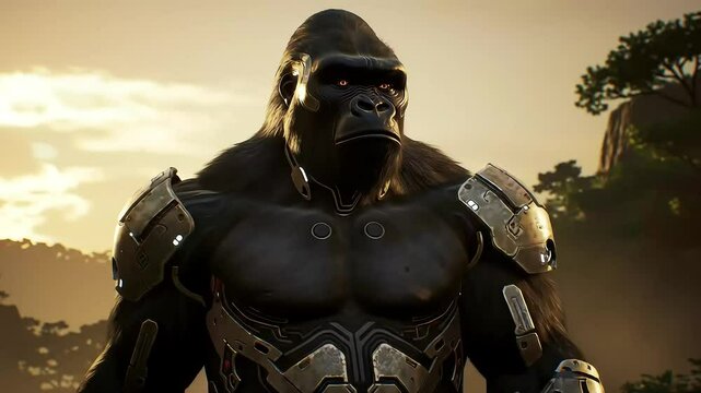 Cybernetic gorilla standing in a powerful pose with biomechanical armor
