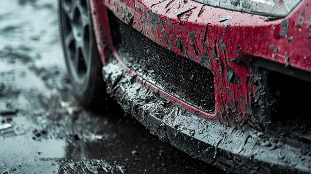 This close-up image showcases the detailed skid plate of a rally car covered in mud, emphasizing the vehicle's performance in challenging terrain and racing conditions.