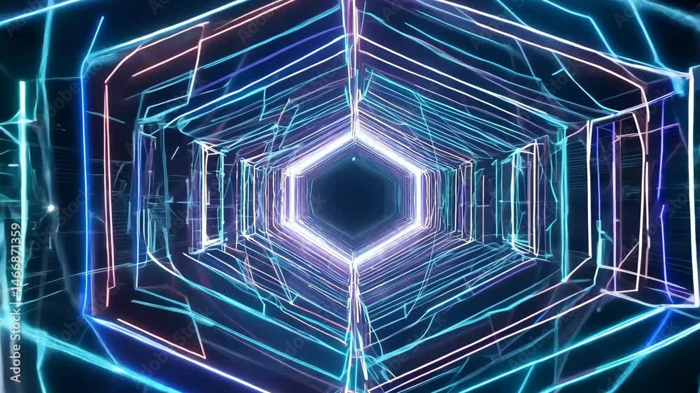 Poster abstract neon hexagonal tunnel motion graphics loop in 4k.