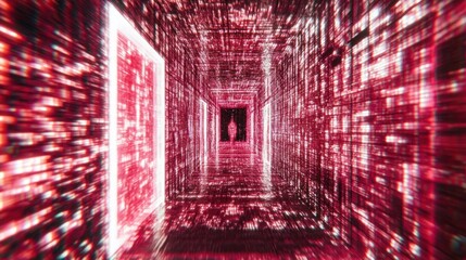 Obraz premium A red digital tunnel with a distant humanoid figure at the end