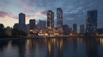 Naklejka premium Blue Waters Reflect City Skyline In Sunlight High Resolution Picture