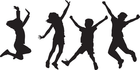 Joyful Children Silhouettes Jumping | Energetic Kids in Playful Poses | Carefree Childhood Happiness | Black Silhouettes of Kids | Enthusiastic Children Mid-Jump