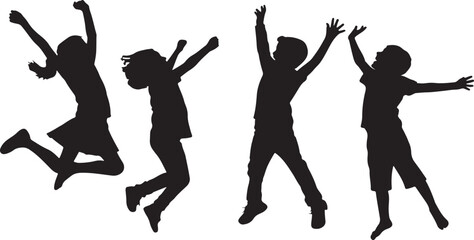 Joyful Children Silhouettes Jumping | Energetic Kids in Playful Poses | Carefree Childhood Happiness | Black Silhouettes of Kids | Enthusiastic Children Mid-Jump