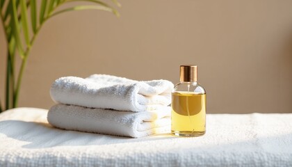 Spa essentials with towels and aromatherapy oil on a table  