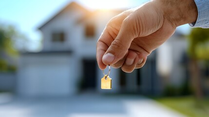 Hand Holding Keys in Front of New Home on Sunny Day