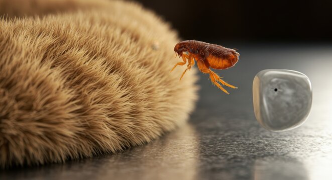 Flea Jumping from Fur - Close-up of a flea leaping from a textured brown surface towards a small grey cube. High-resolution macro