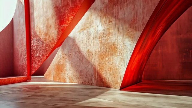 Sunlit red interior space with geometric architecture, textured walls, and arched elements