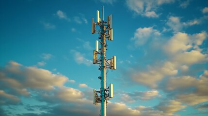 A tall cell tower against a backdrop of blue sky and fluffy clouds