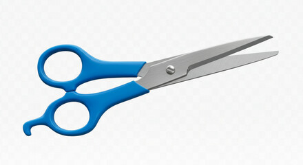 Blue handled, stainless steel scissors with a neutral white background. A pair of child's or professional use shears angled towards the upper right.