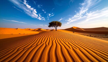 Obraz premium Tranquil landscape of undulating desert with a solitary tree against a blue sky