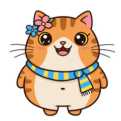 Fototapeta premium Cheerful tabby kitten adorned with floral charm and scarf