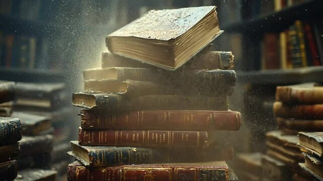 Dusty book stack library interior