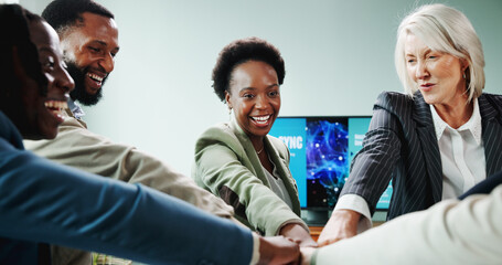 Business people, hands together and fist bump for meeting with motivation, smile or employee engagement. Data analyst, huddle and proposal with celebration, project or advice for community discussion