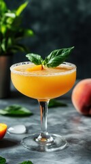 Refreshing Peach Cocktail in Coupe Glass with Basil Garnish on Dark Background Studio Shot Close Up Summer Drink Recipe