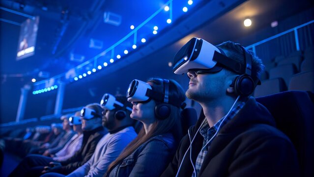 A row of people wearing VR headsets engrossed in virtual reality experiences in cinema hall with blue lighting. Concept Tech Innovation, Futuristic Entertainment.