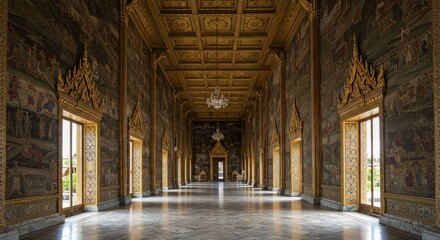 Fototapeta premium Grand Palace Hallway Interior - Luxurious hallway in a grand palace, featuring ornate gold detailing, intricate murals, and marble flooring