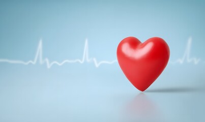 Red heart shape with a line of pulse on a blue background, a health care concept.  Generative AI