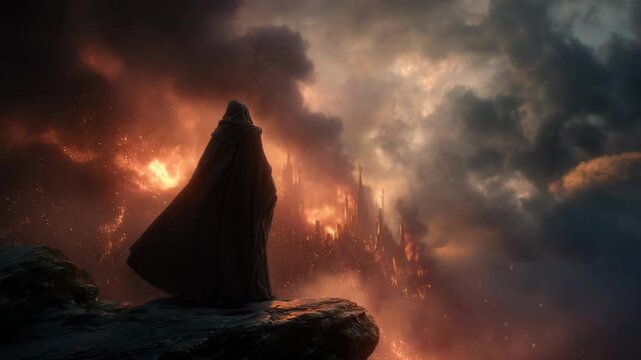 Fantasy animation illustration of a dark wizard in black robes watching a castle engulfed in flames and smoke