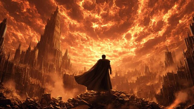 Dark fantasy illustration of a wizard in black watching a fiery castle with swirling flames and floating smoke
