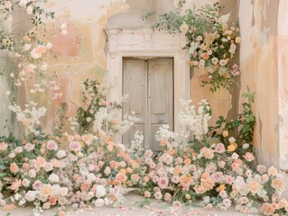 Fototapeta premium Pastel floral display in front of vintage door