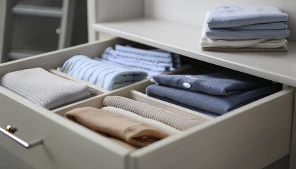 Organizers with folded clothes in drawer indoors