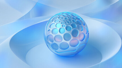 Futuristic sphere with glowing edges, surrounded by light blue abstract shapes, clean minimalist background