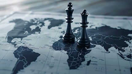 Global Geopolitical Strategy Concept with Chess Pieces Placed on World Map Illustrating Diplomatic Moves and International Relations Between Nations