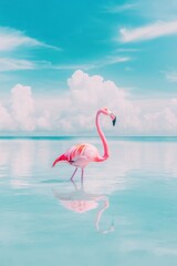 Fototapeta premium Pink Flamingo Standing in Shallow Turquoise Water with Reflection Under Blue Sky and White Clouds Tropical Bird in Paradise