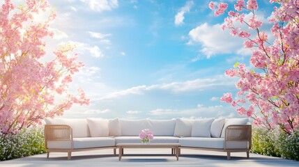 cloudy sky with blooming flowers modern outdoor furniture high resolution, ultra realistic, stock photo style