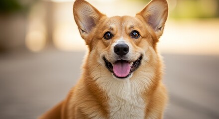 Happy Smiling Corgi Dog Portrait - Joyful corgi, playful expression, furry friend, canine happiness, pet portrait. Symbolizing joy, companionship, loyalty, playfulness, and love