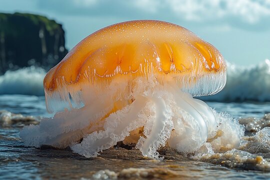 
A jellyfish in the water near the shore, the emphasis on its texture and colors.