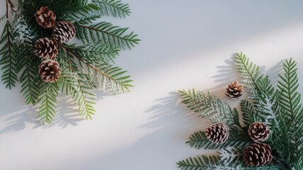 Frosted Pine Sprigs and Pinecones on a White Background Winter Holiday Festive Decor