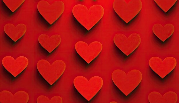 A repeating pattern of red hearts on a red background.  Each heart has a slight shadow effect, giving a 3D appearance - Powered by Adobe