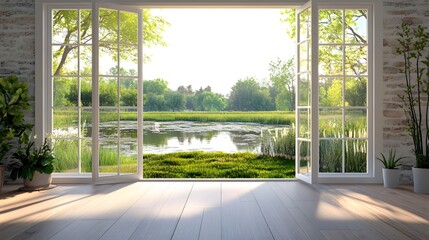 open glass windows with natural pond well-maintained lawn high resolution, ultra realistic, stock photo style