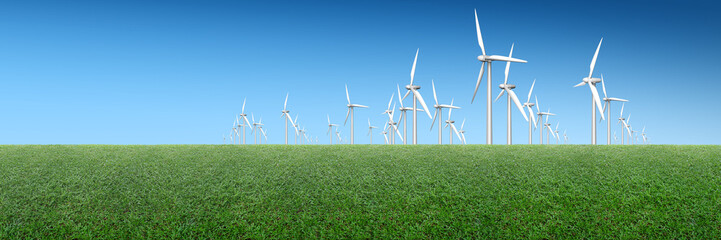 wind turbine on green field/The green hills are dotted with wind turbines, showcasing the beauty of renewable energy and eco-friendly power generated by the wind.