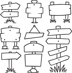 A set of hand-drawn cartoon wooden signposts with arrow direction lineart illustrations