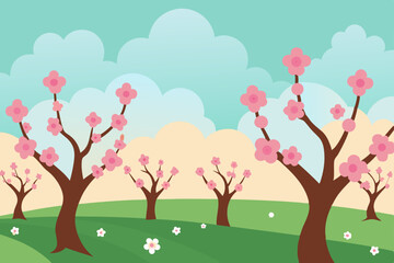 blossoming orchard under a pale spring sky  