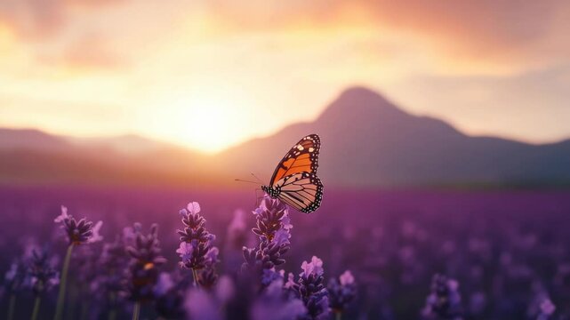 Vibrant monarch butterfly perched on lavender flowers in a field, enjoying the warm glow of the setting sun over distant mountains, creating a tranquil and beautiful natural scene